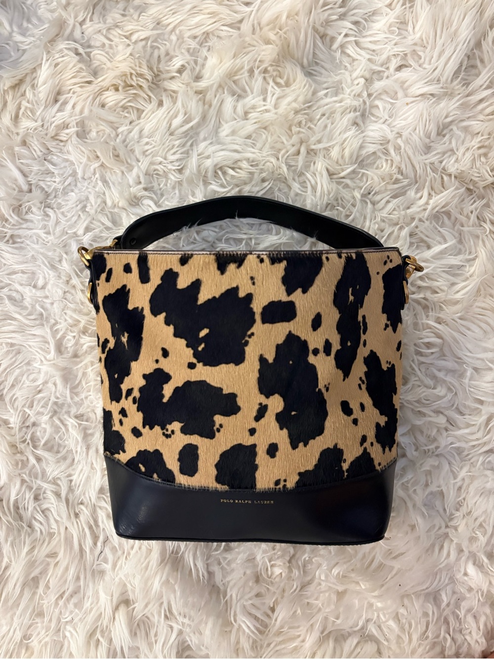 Ralph Lauren Small Hair Calf Bucket Bag Animal Print Purse Handbag Black Leather - Picture 4 of 16